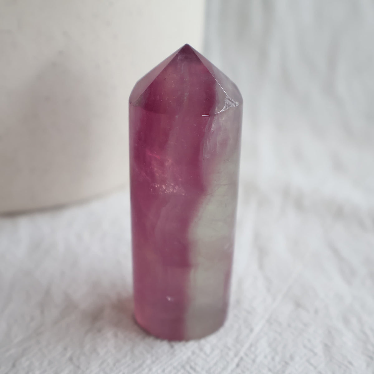 Pink Fluorite polished crystal points in varying shades of pink and purple with natural banding, available to choose by exact piece.