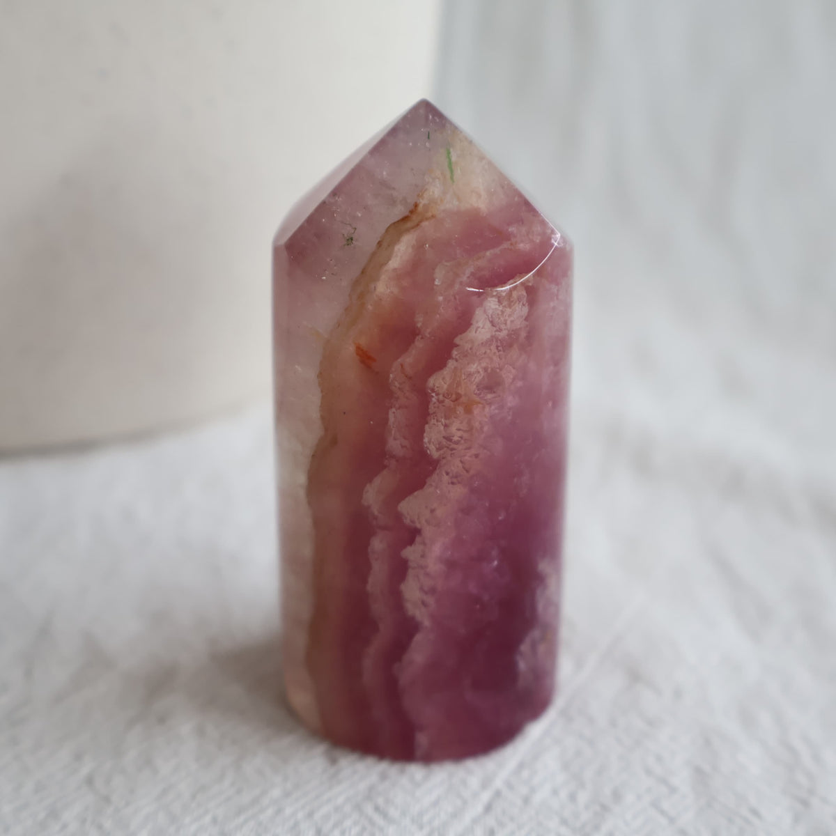 Pink Fluorite polished crystal points in varying shades of pink and purple with natural banding, available to choose by exact piece.