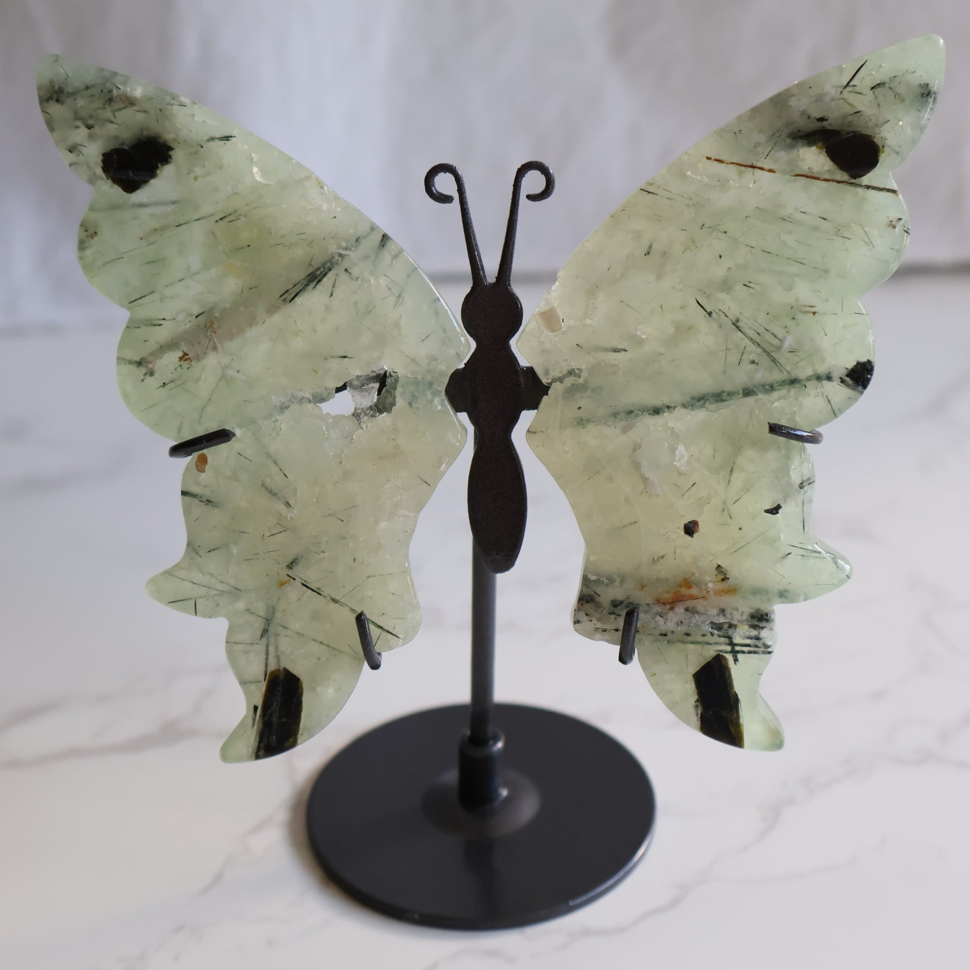 prehnite butterfly wings crystal carving on stand natural green prehnite display piece