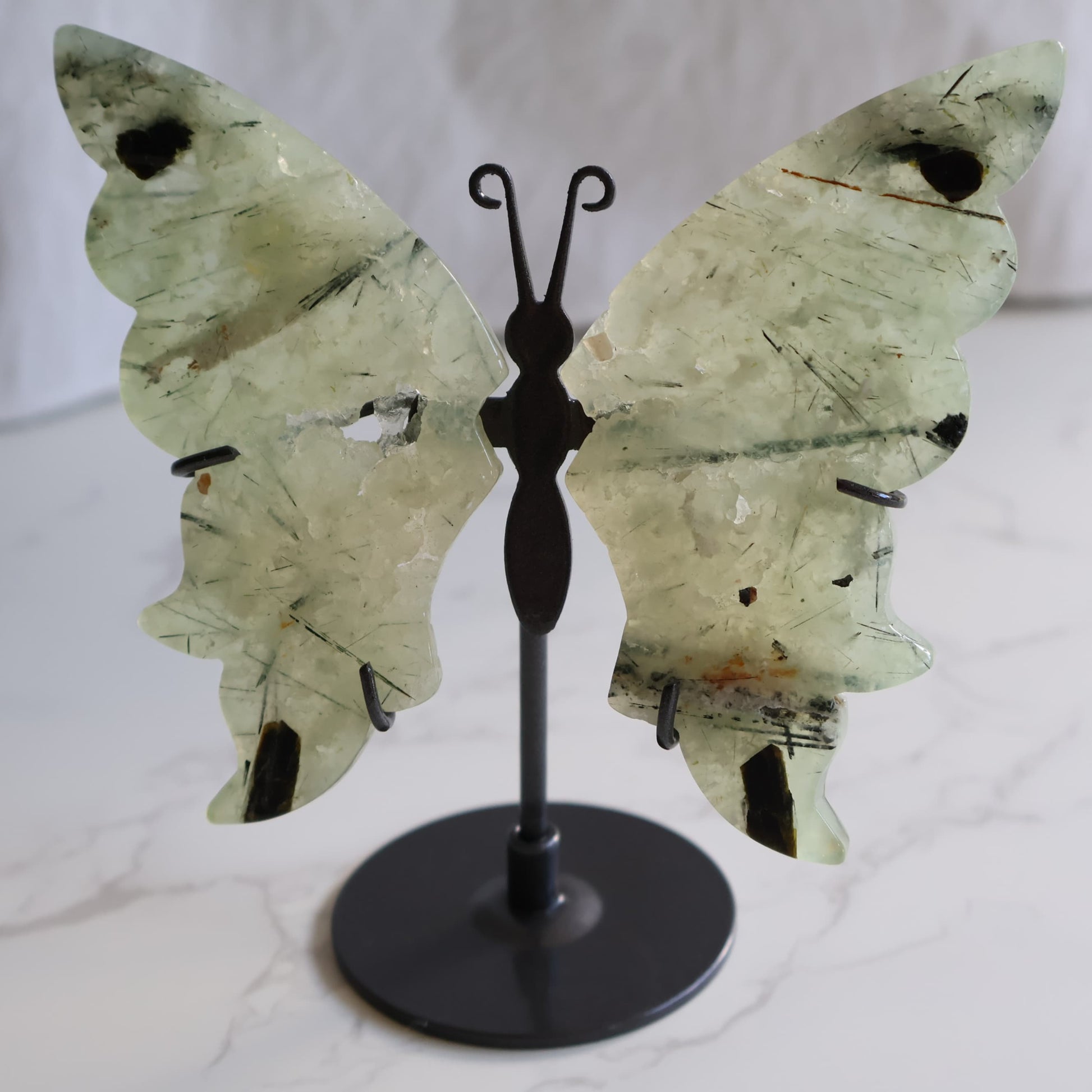 prehnite butterfly wings crystal carving on stand natural green prehnite display piece