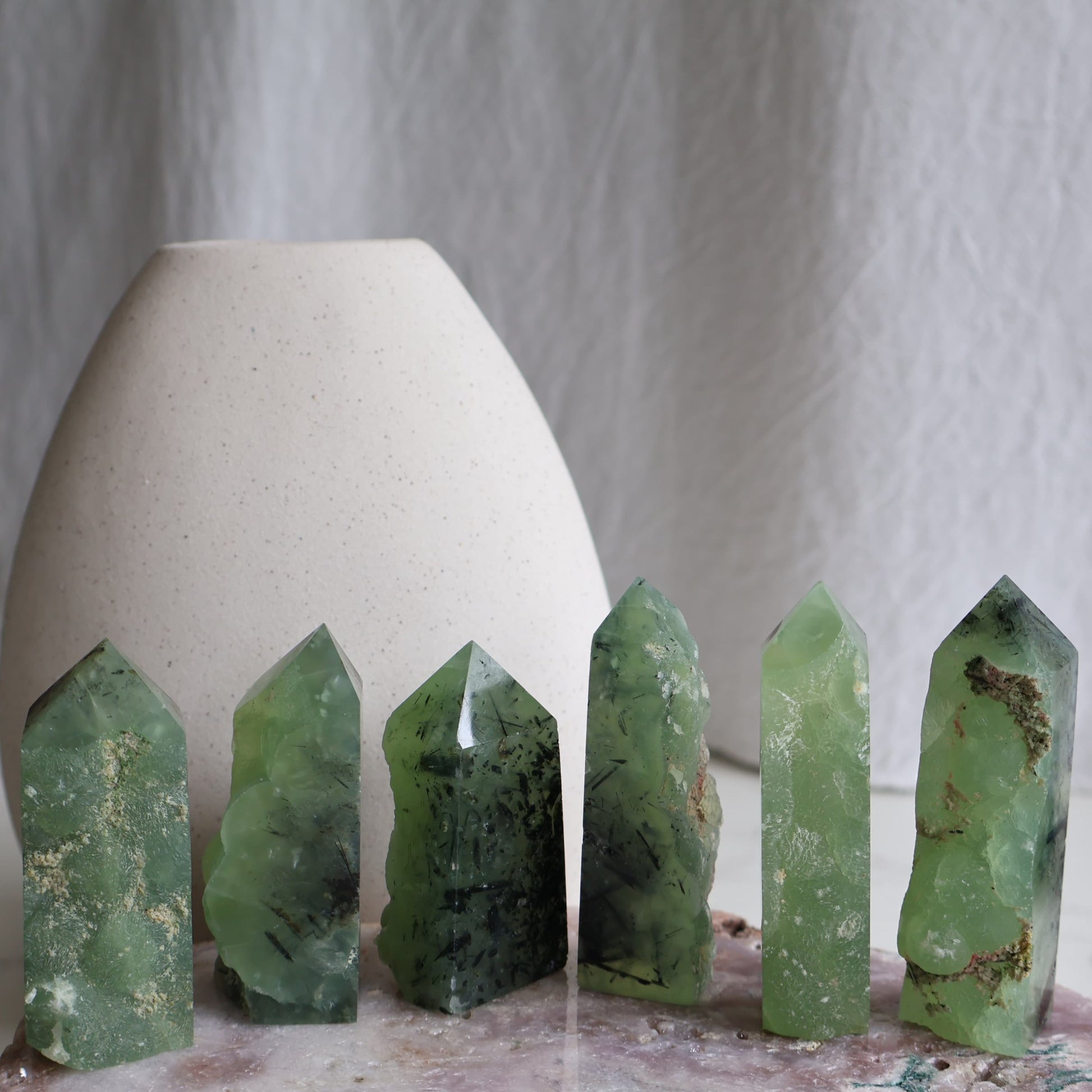 green prehnite rough edge crystal obelisk