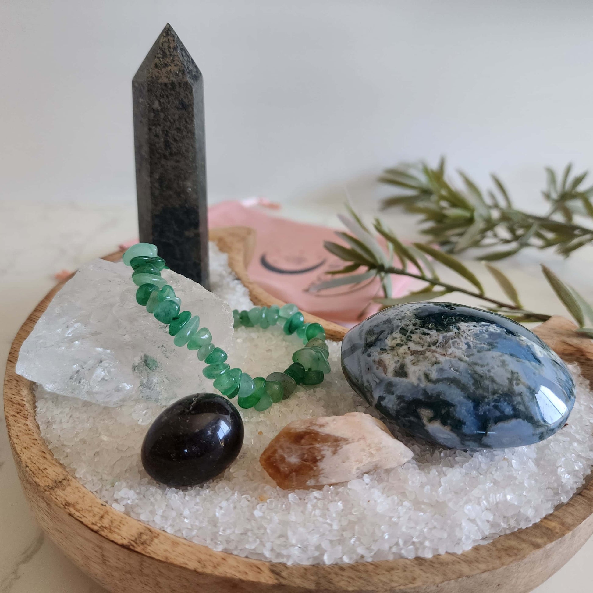 Prosperity and growth ritual crystal set with pyrite generator, moss agate palm stone, citrine bud, green aventurine bracelet and clear quartz rough