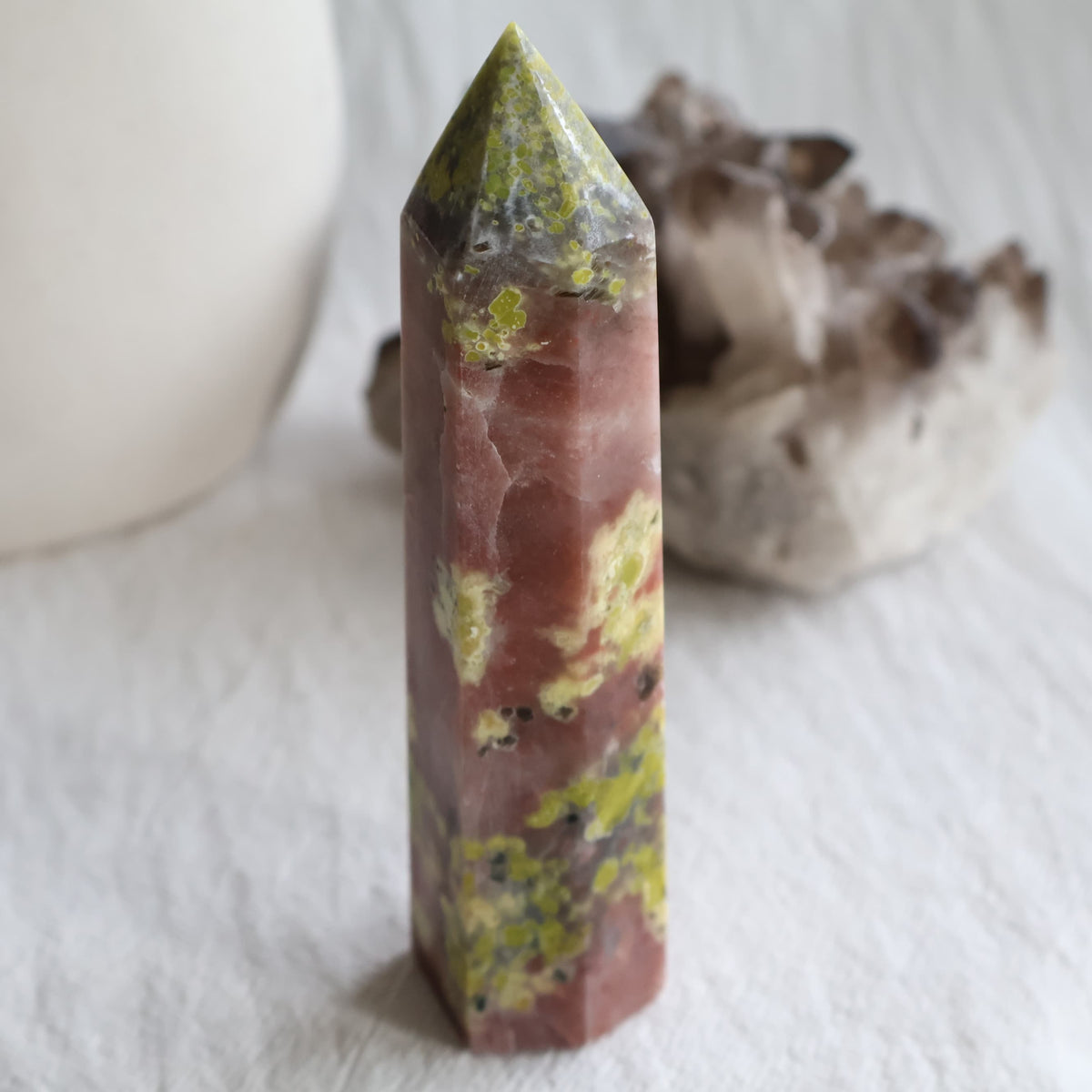 Red Aventurine with Serpentine crystal tower, 12.5cm tall, with natural pink-red and green mineral patterning.