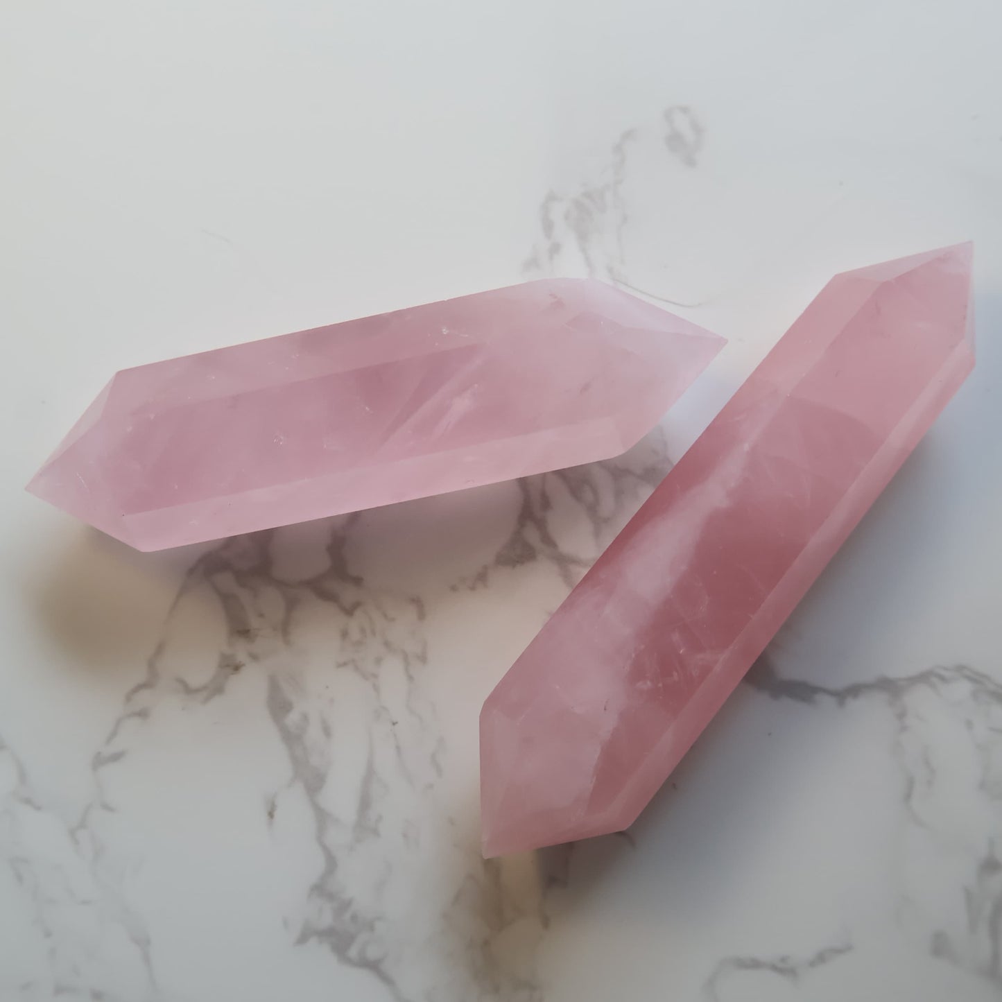 Rose Quartz double terminated points with soft translucent pink colouring