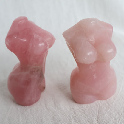 Rose Quartz Goddess carving in soft natural pink tones with unique veils and inclusions, approximately 8cm tall.