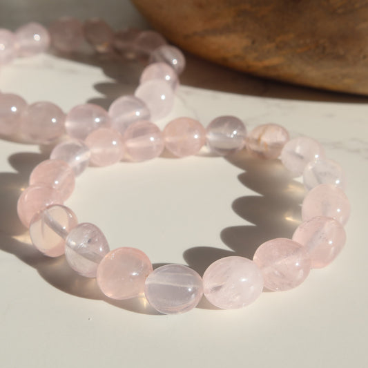 rose quartz tumble bracelet pink crystal chip and tumble stretch bracelet