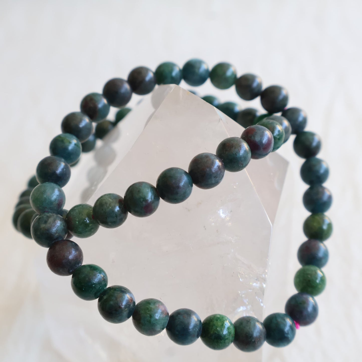 Ruby Kyanite 6mm crystal bracelet with blue-green beads and natural deep red Ruby inclusions