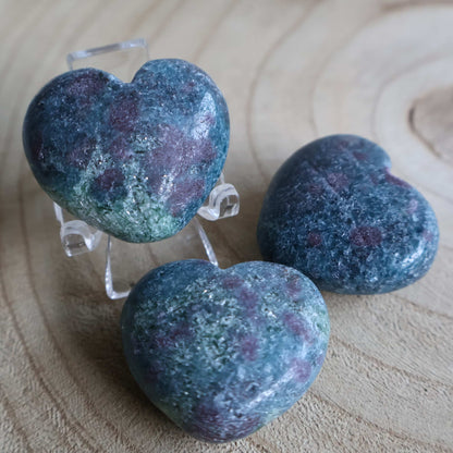 Small polished Ruby Kyanite hearts with blue-green colouring and natural deep pink and red Ruby inclusions