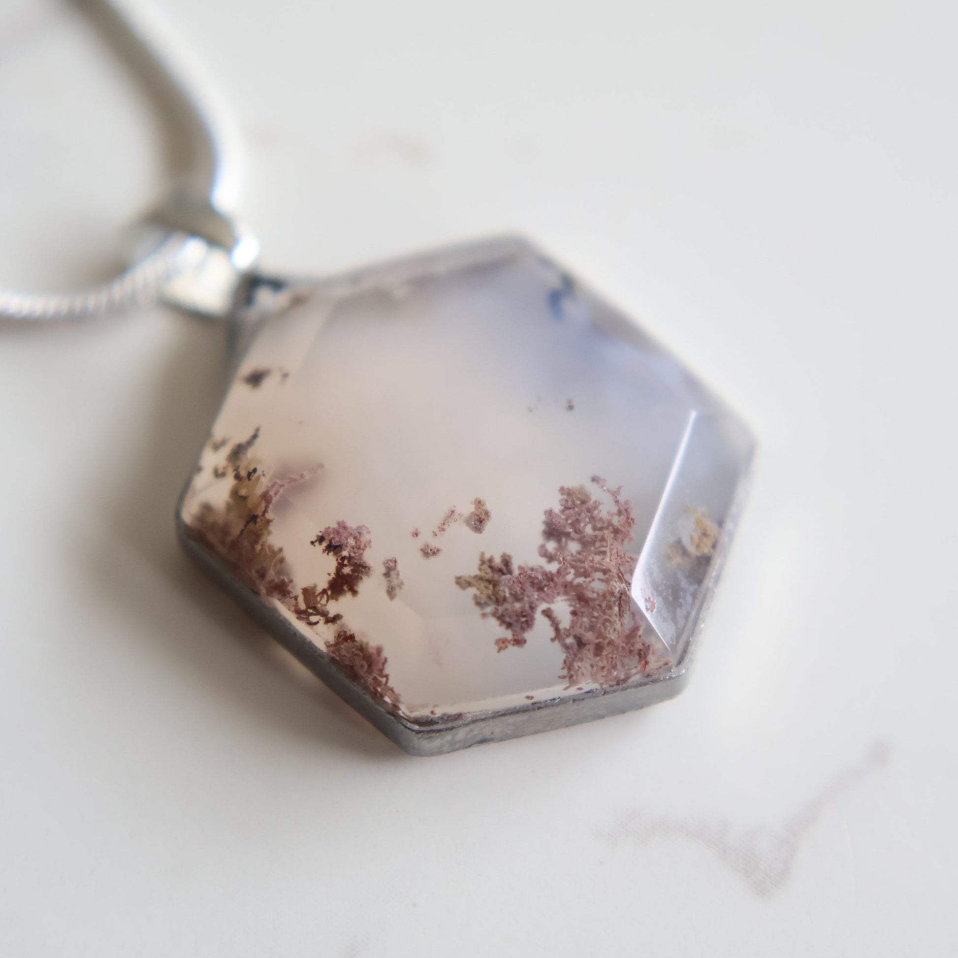 Scenic moss agate crystal pendant with natural inclusions, sourced from Indonesia, exact piece shown,