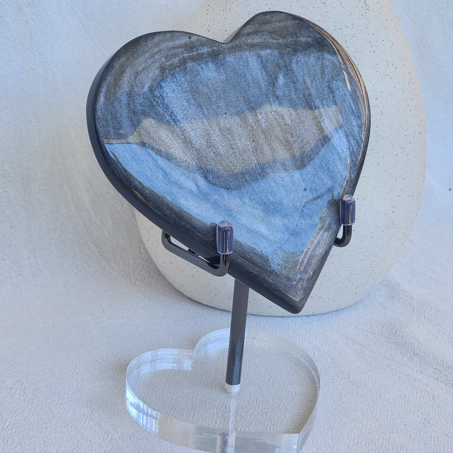 silver sheen obsidian heart on stand crystal