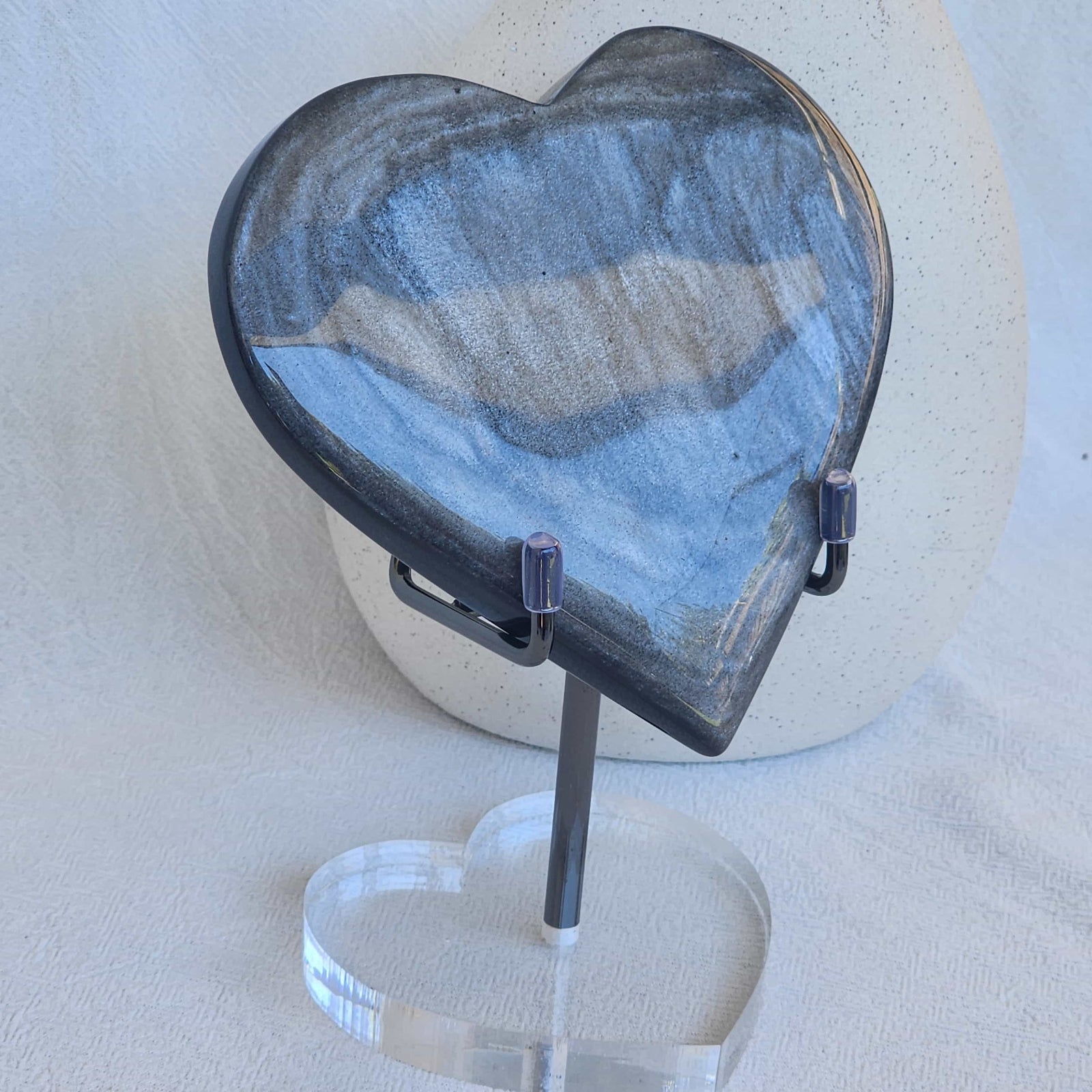 silver sheen obsidian heart on stand crystal