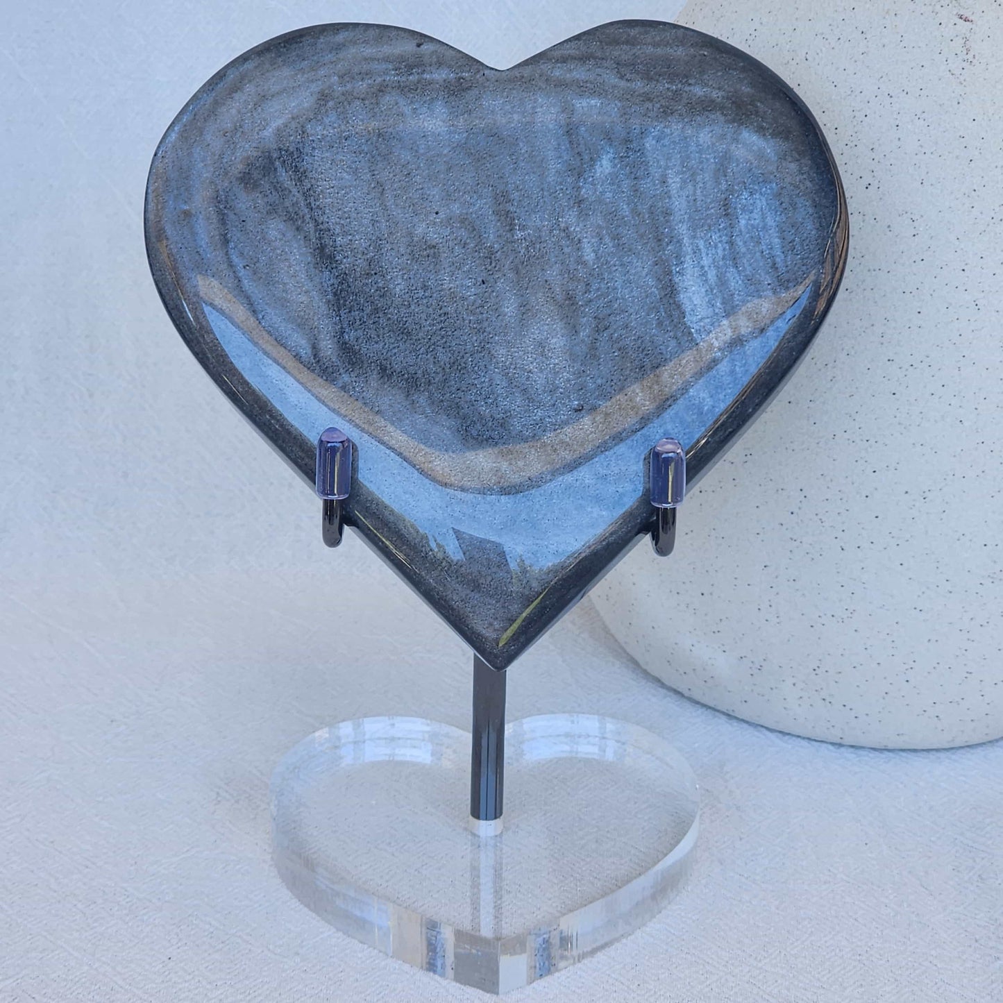 silver sheen obsidian heart on stand crystal