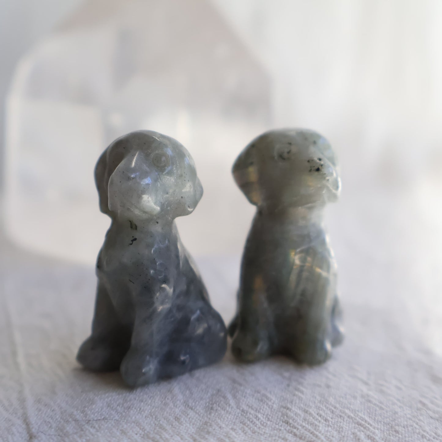 Small sitting dog crystal carvings in Labradorite and Dream Amethyst