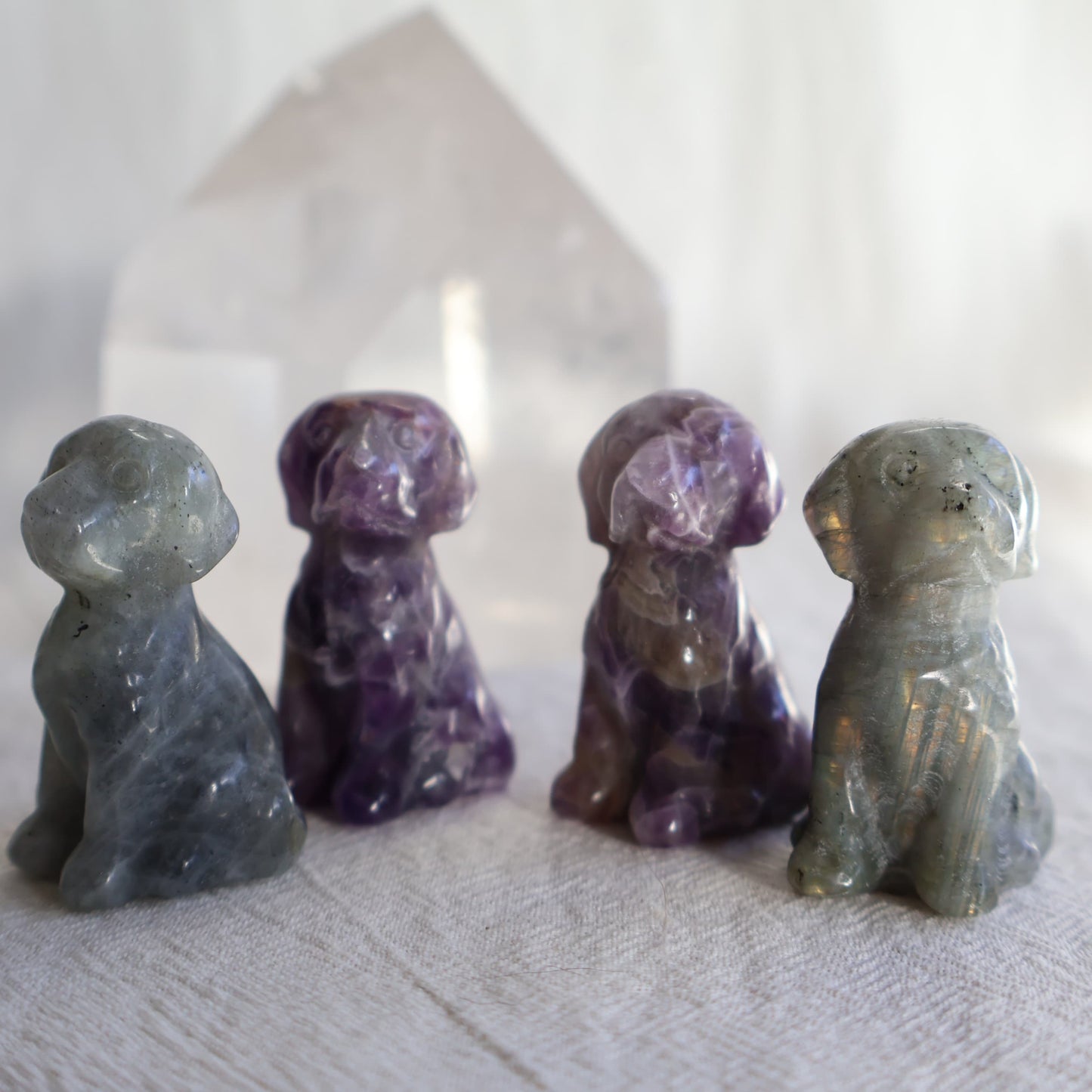 Small sitting dog crystal carvings in Labradorite and Dream Amethyst