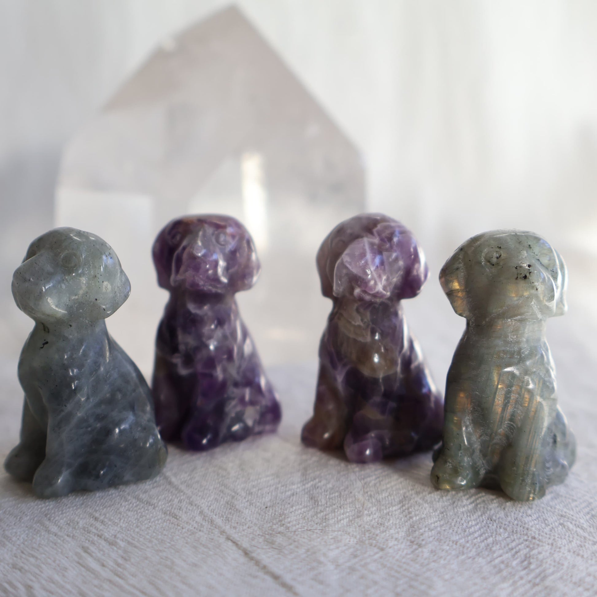 Small sitting dog crystal carvings in Labradorite and Dream Amethyst