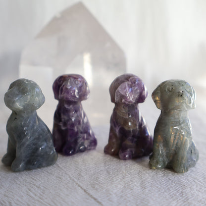 Small sitting dog crystal carvings in Labradorite and Dream Amethyst