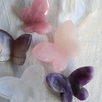 Crystal butterfly carvings available in Rose Quartz, Clear Quartz, Dream Amethyst, Fluorite