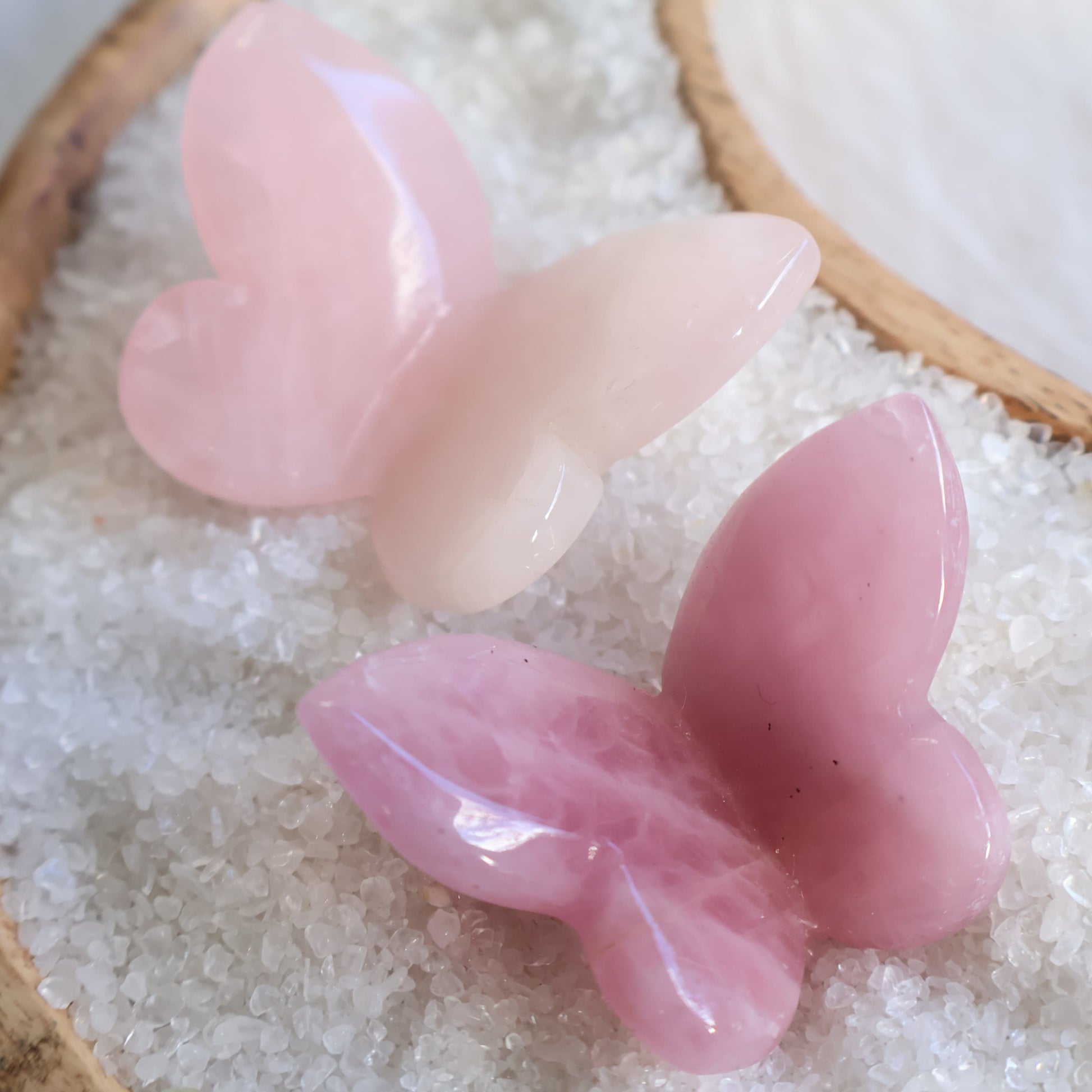 Crystal butterfly carvings available in Rose Quartz, Clear Quartz, Dream Amethyst, Fluorite