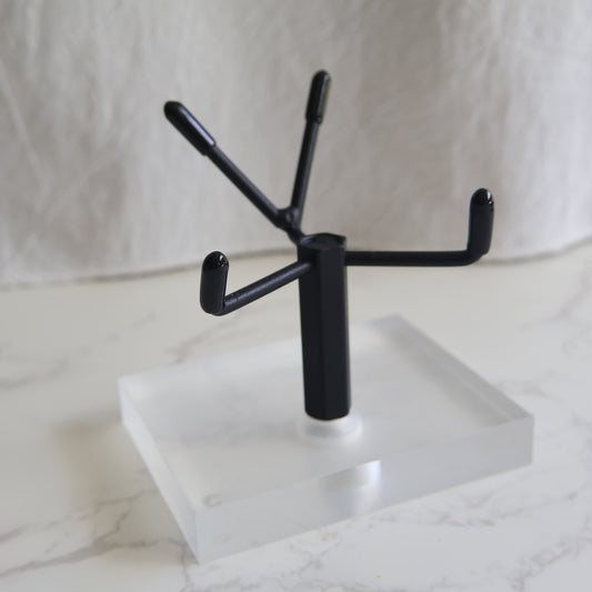 Acrylic and black specimen stand for displaying large crystals and rough mineral pieces