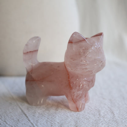 Medium standing cat crystal carvings in Rose Quartz, Fire Quartz, Blue Aventurine and Larvikite, approximately 5cm tall.
