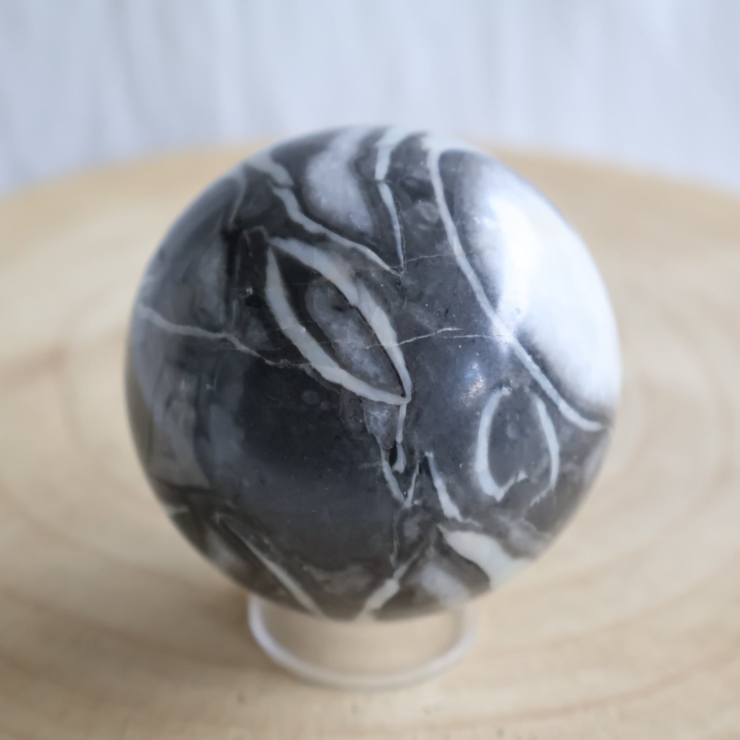 Thousand Eye Jasper sphere with swirling black, grey and creamy white fossil patterns and distinctive eye-like formations, 6cm polished sphere