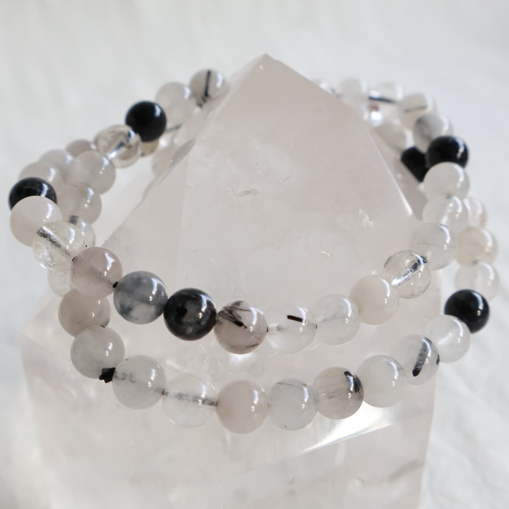 natural tourmalinated quartz stretch bead bracelet
