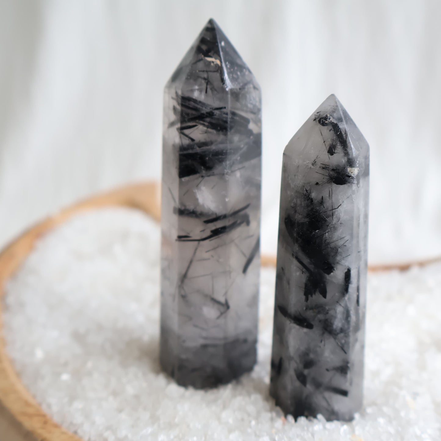 Tourmalinated Quartz generators with clear Quartz and natural black Tourmaline needle and cluster inclusions, polished crystal towers