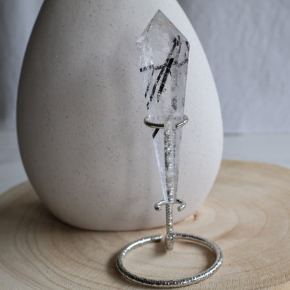 tourmalinated quartz crystal wand with silver stand