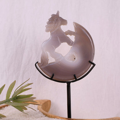 unicorn on moon carving agate on stand