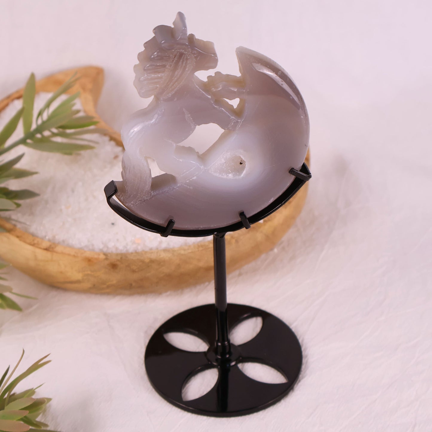 unicorn on moon carving agate on stand