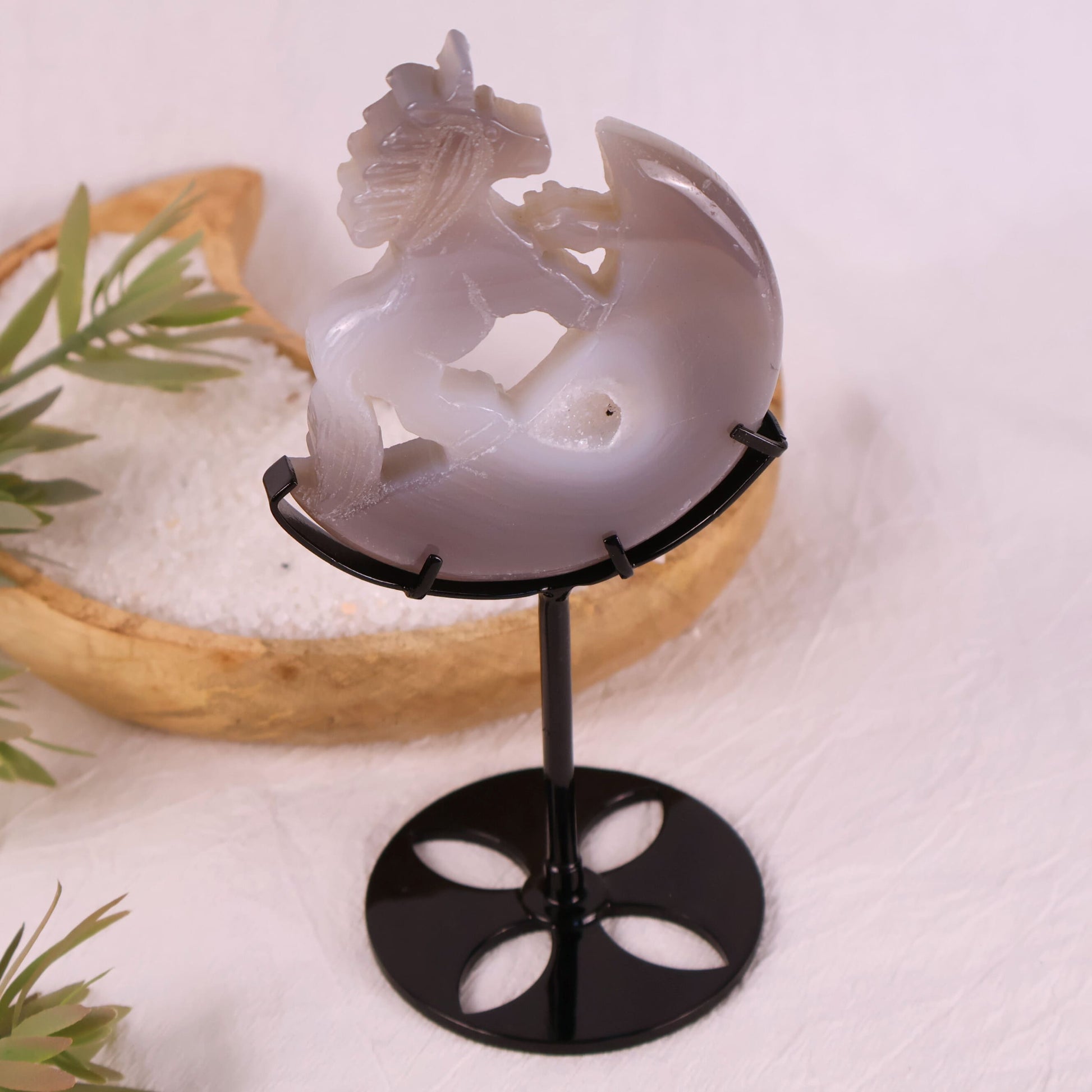 unicorn on moon carving agate on stand