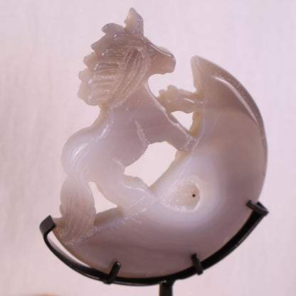 unicorn on moon carving agate on stand