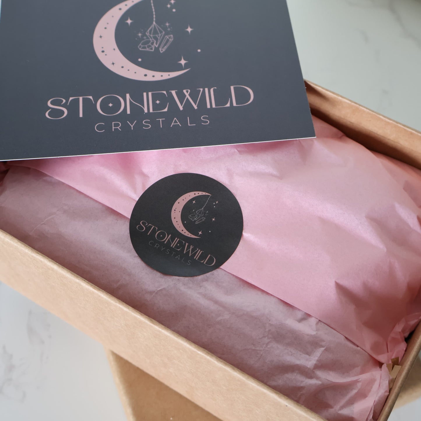 Gift wrapped - Love Within Valentine’s self love ritual set gift box with Rose Quartz generator, Flower Agate heart on stand, Smoky Quartz palm stone, Amethyst tumble, and sage bundle