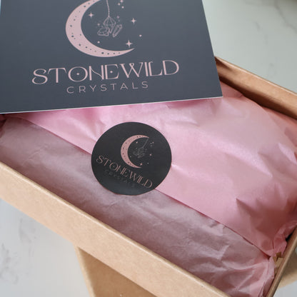 Gift wrapped - Love Within Valentine’s self love ritual set gift box with Rose Quartz generator, Flower Agate heart on stand, Smoky Quartz palm stone, Amethyst tumble, and sage bundle