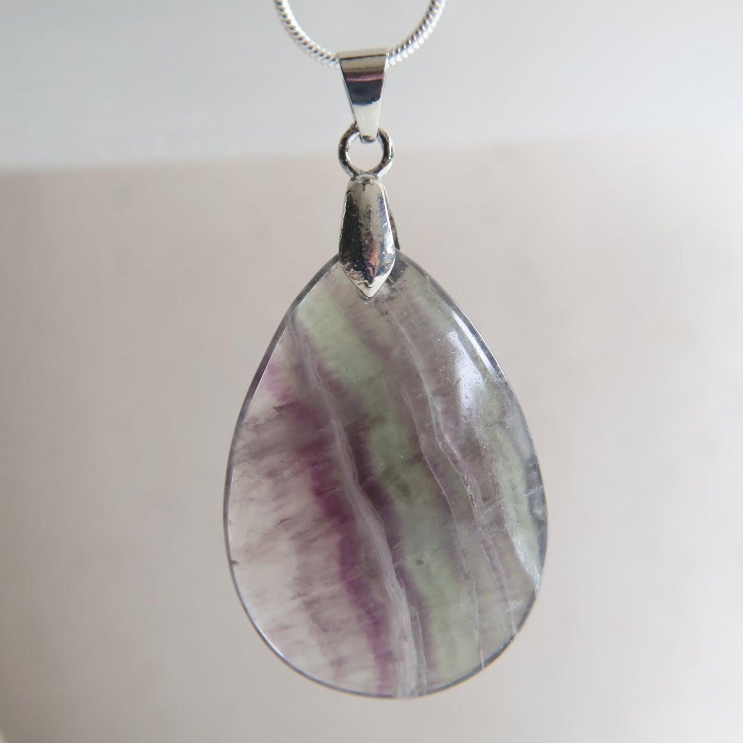 Watermelon fluorite crystal pendant with natural green and purple banding, exact piece shown, 3cm pendant by Stonewild