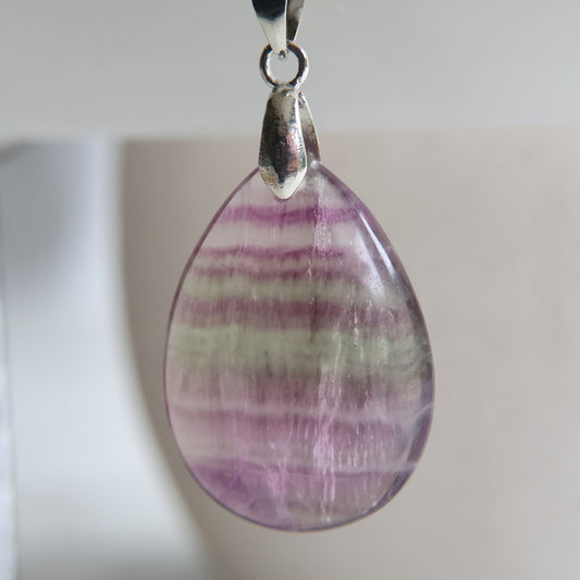 Watermelon fluorite crystal pendant with natural green and purple banding, exact piece shown, 3cm pendant presented by Stonewild