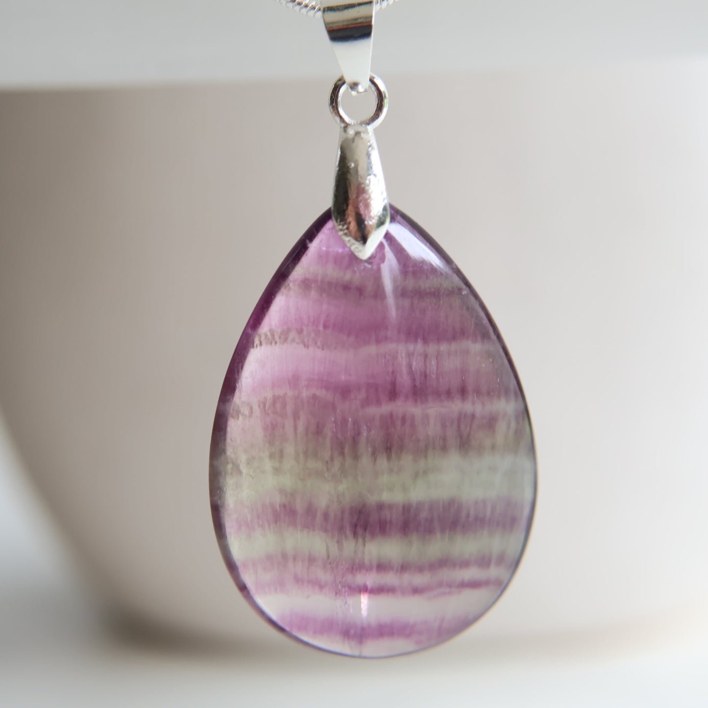 Watermelon fluorite crystal pendant with natural green and purple banding, exact piece shown, 3cm pendant presented by Stonewild